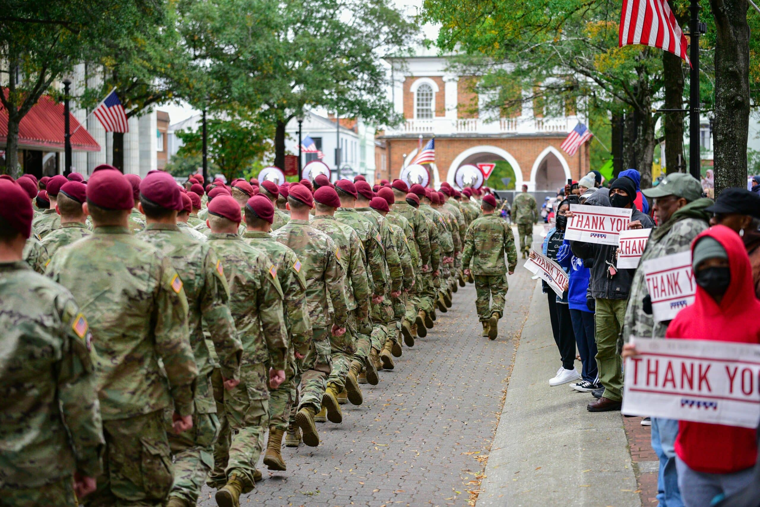 Military service members marching during a community event at Fort Bragg North Carolina